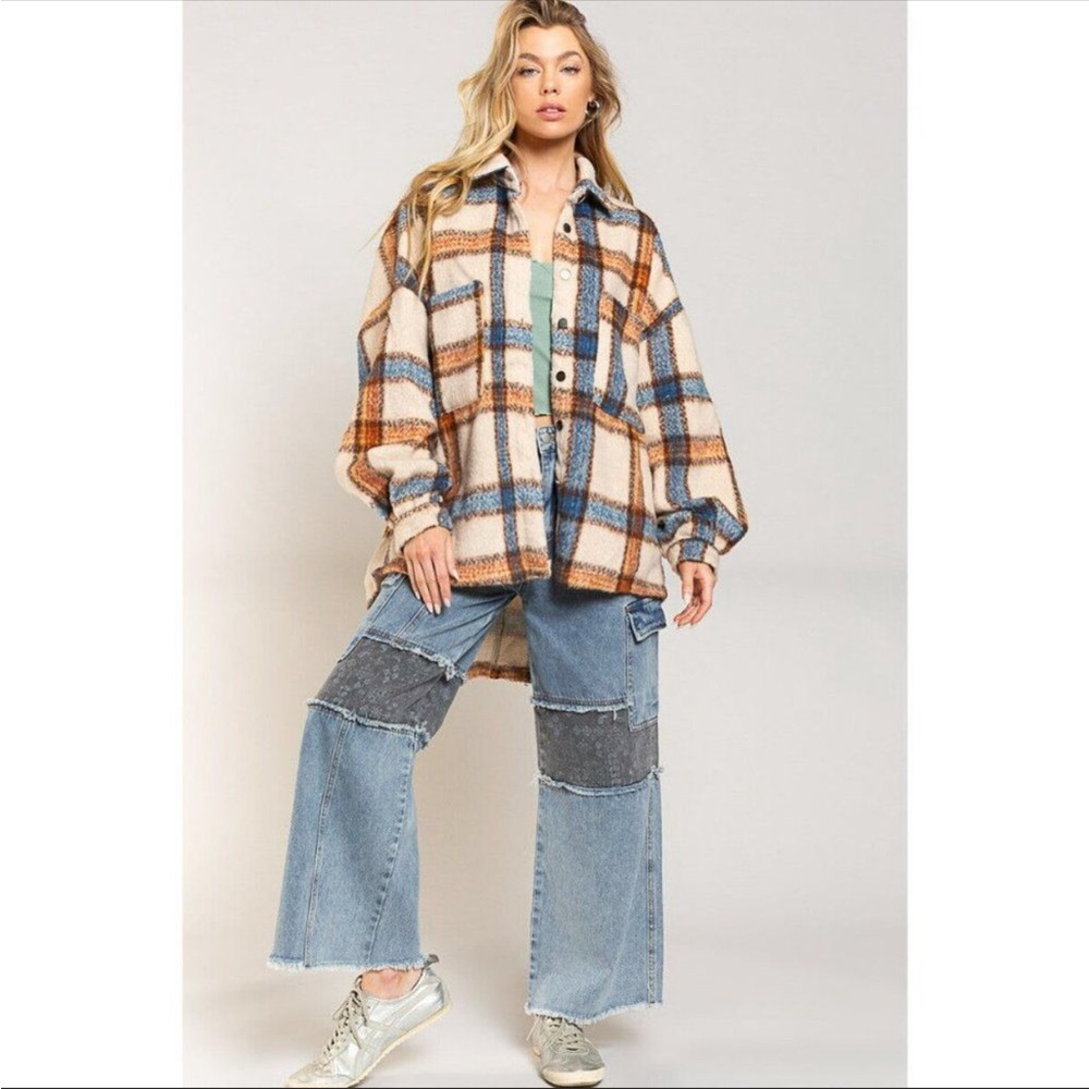 Cream Plaid Fuzzy Shacket Button Down Relaxed Fit - Picture 7 of 12